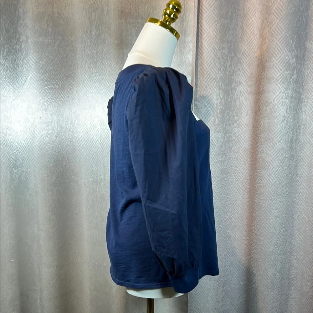 Nation LTD 100%cotton Blue Asymmetrical Ruched Puff Sleeve Blouse.      order115 - Picture 10 of 14